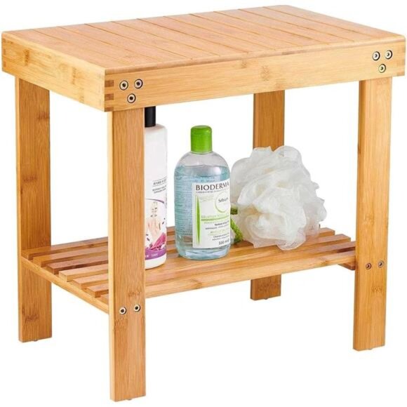 Bamboo Shower Bench Spa Bench Wood Seat Stool Foot Rest Shaving Stool Non-Slip